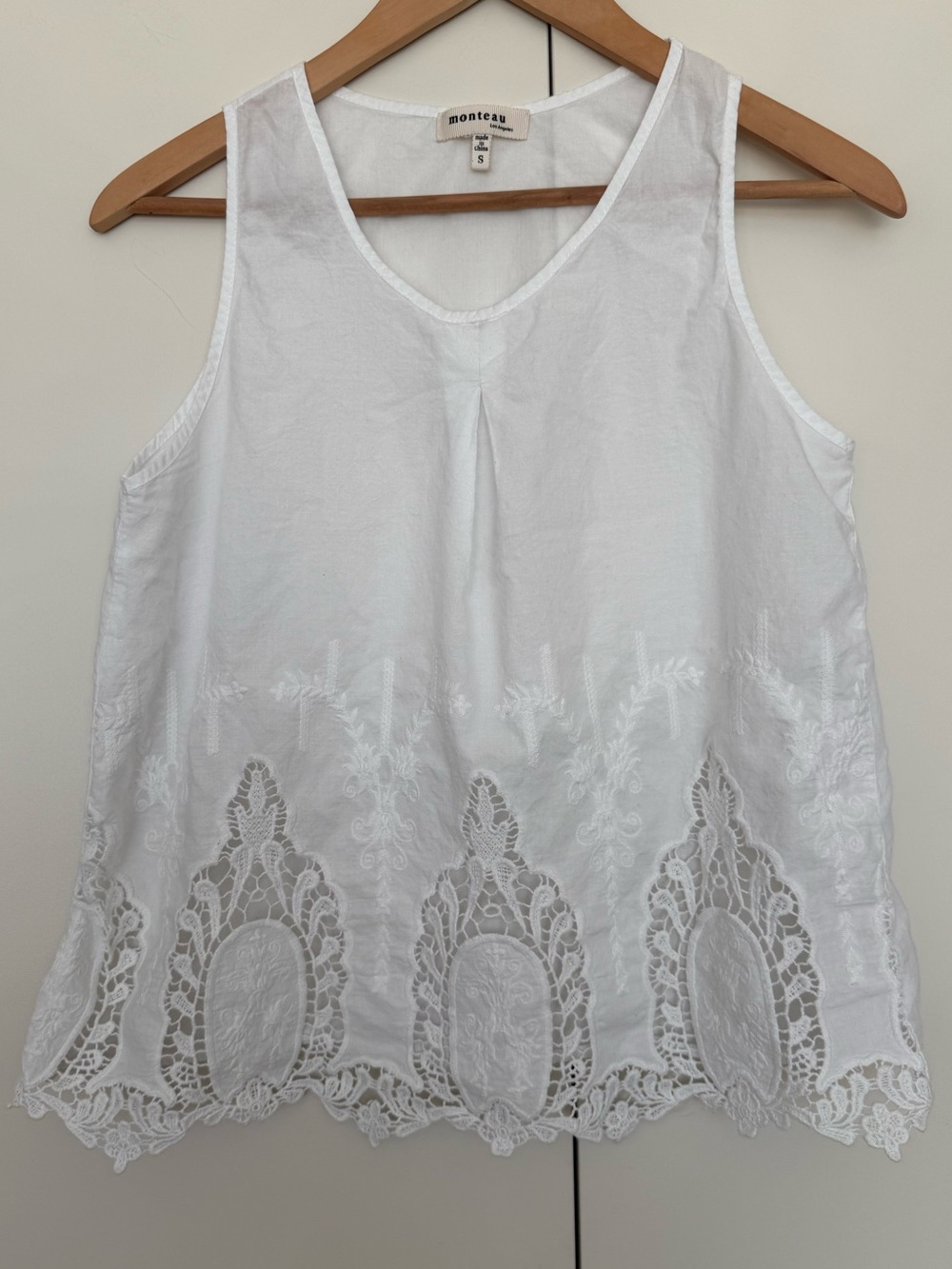 Monteau White Cotton Embroidered Lace Tank Small Doen Festival Free People Boho
